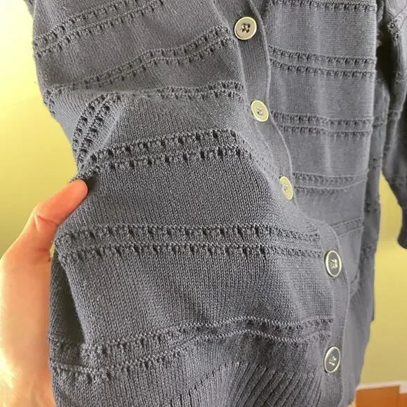 Talbots Navy Blue V-NECK POINTELLE GIRLFRIEND CARDIGAN - Picture 7 of 8